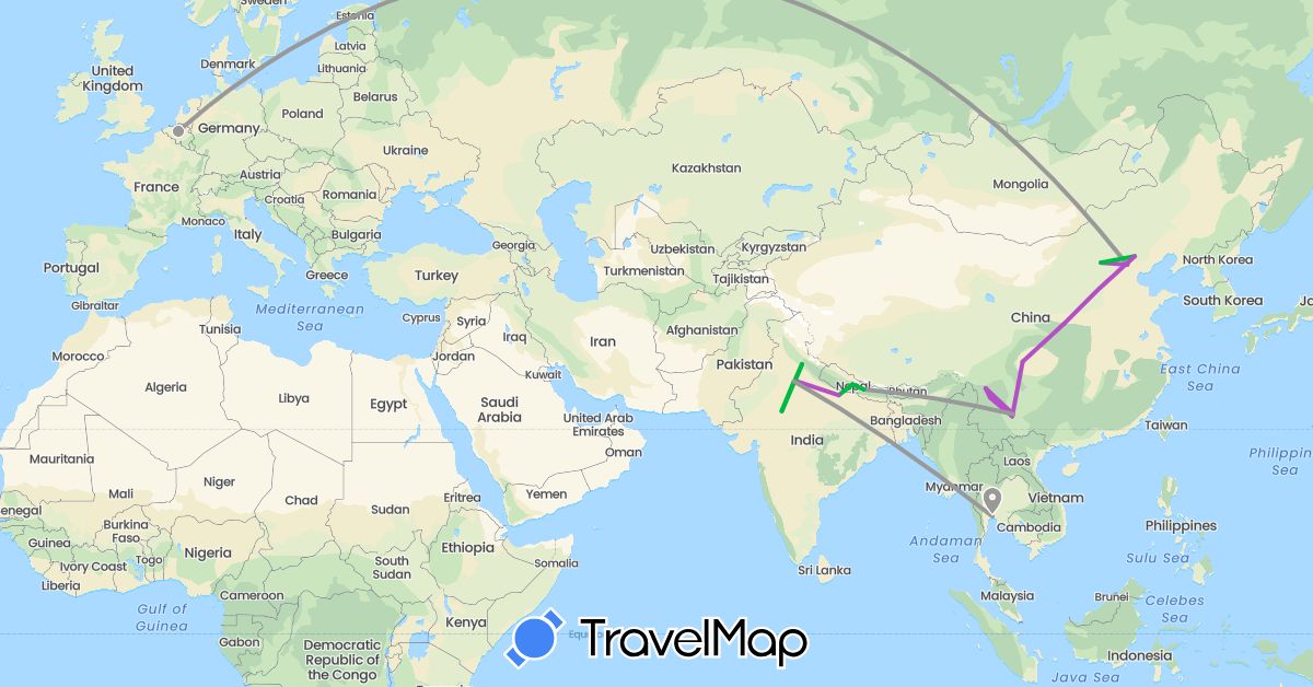 TravelMap itinerary: bus, plane, train in Belgium, China, India, Nepal, Thailand (Asia, Europe)